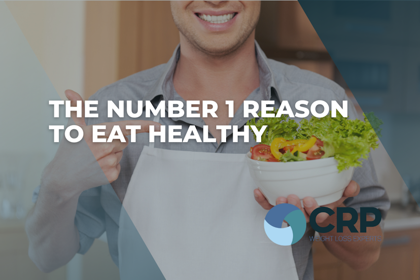 Photo of a man holding a salad and pointing to it. The caption reads "the number 1 reason to eat healthy"