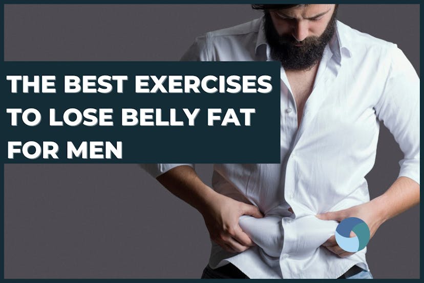 Image of a man in a formal shirt with a beard holding onto his belly fat through the shirt. The caption reads "the best exercises to lose belly fat for men"