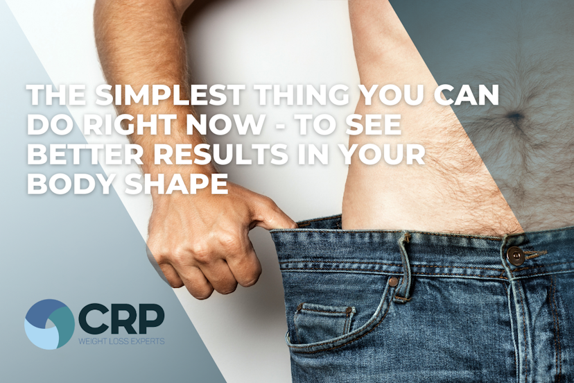 Photo of a man using his thumb to pull on his jeans which are too big for him now. The caption reads "the simplest thing you can do right now to see better results in your body shape"